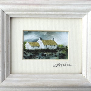 The &#39;Cow Barn’ Miniature Scenes of Ireland, framed. Watercolour print signed by Galway Artist. Paintings of Ireland. Wild Atlantic Way Image
