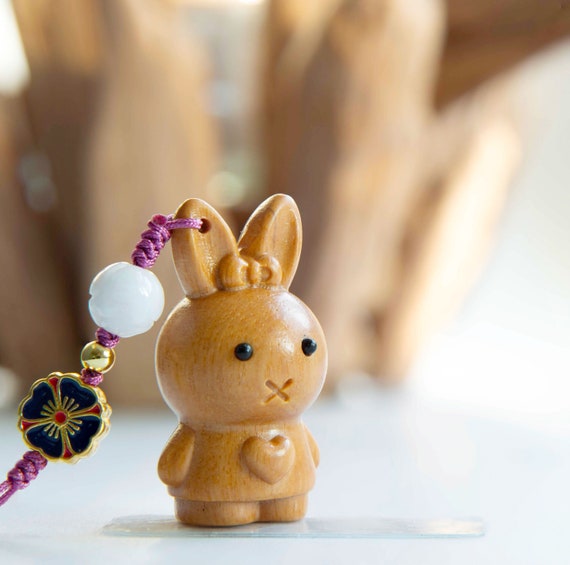 Sandalwood Kawaii Rabbit Pendant, Natural Wood Car Charm