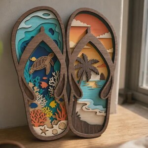 SVG de escena playera con chanclas, decoración veraniega costera de pie, decoración tropical de mesa oceánica, SVG de decoración playera Glowforge
