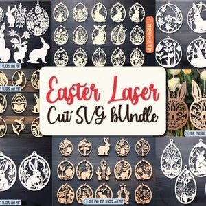 Op de afbeelding: Een digitaal downloadpakket met 30 lasergesneden SVG-bestanden met een paasthema. De ontwerpen bevatten konijnen, eieren, bloemen en andere lentethema's. De bestanden zijn perfect voor het maken van decoraties, ambachten en meer.