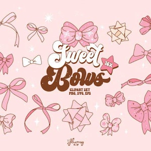 以下が含まれることがあります： キラキラと雪の結晶が付いたピンクと白のリボン16個のセット。リボンは様々なスタイルとサイズです。テキスト「Sweet Bows」はレトロなフォントで書かれています。テキスト「Clipart Set PNG, SVG, EPS」も含まれています。