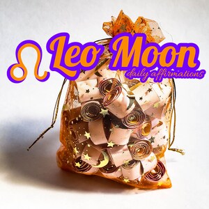 May include: A gold mesh bag filled with rolled up pieces of paper with gold stars and crescent moons printed on them. The bag has the text "Leo Moon daily affirmations" printed on it.