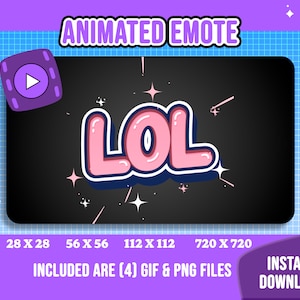 May include: Animated GIF and PNG emote featuring the word "LOL" in pink letters with a blue outline and a black background. The emote is surrounded by white stars.