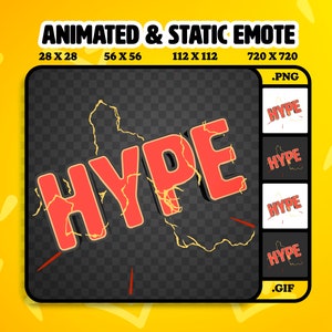 May include: Animated and static emote of the word "HYPE" in red with yellow lightning bolts. The emote is available in four sizes: 28x28, 56x56, 112x112, and 720x720 pixels. The emote is available as a PNG and GIF.