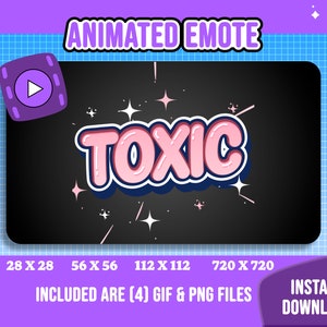 Può includere: Emote animato GIF e PNG con la parola "TOXIC" in lettere rosa con contorno blu e stelle bianche su uno sfondo nero. L'emote è disponibile in quattro dimensioni: 28 x 28, 56 x 56, 112 x 112 e 720 x 720 pixel.