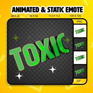 Puede incluir: Emoticono animado y estático de la palabra "TOXIC" en letras 3D verdes con un contorno negro y baba verde que gotea. Las letras están sobre un fondo transparente con estrellas blancas.