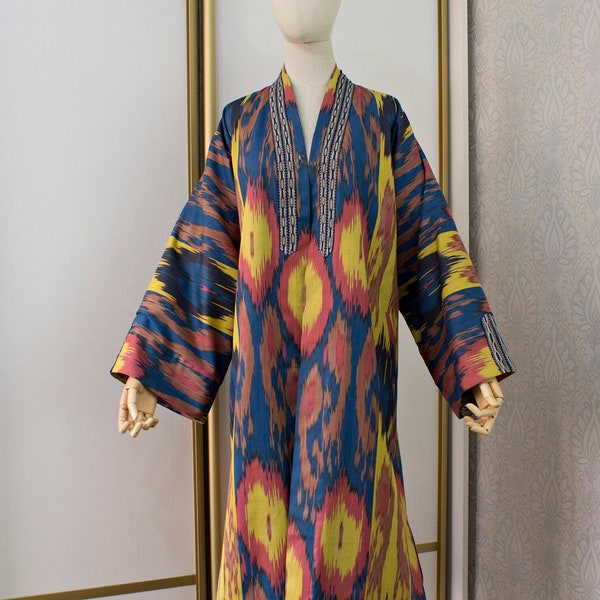 Uzbek ikat chapan,handmade coat,cotton ikat dress,boho kaftan,ethnic ikat abaya,tribal ikat robe,ikat jacket,ikat dresses,handwoven fabric