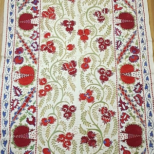 Uzbek suzani wall hanging,hand embroidered suzani tablecloth,tribal suzani fabric,floral suzani bedding,red suzani tapesry from Uzbekistan