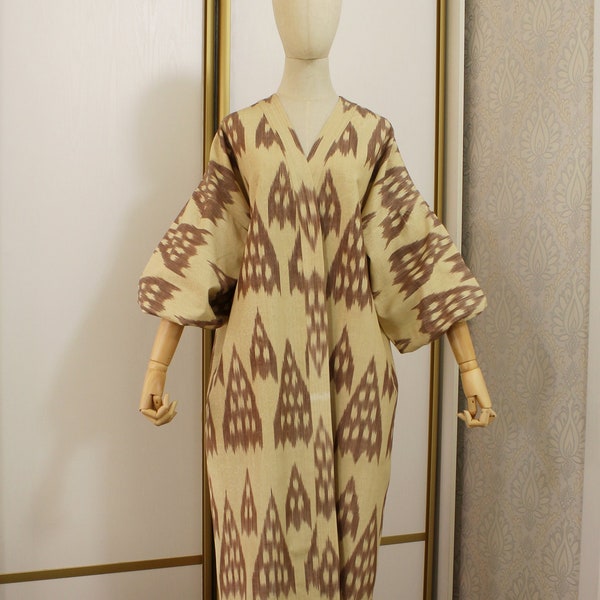 Uzbek ikat silk kaftan/Unisex beige chapan/Silk ikat dress/Boho long kimono/Ethnic ikat abaya/Tribal silk robe/Handwoven ikat fabric
