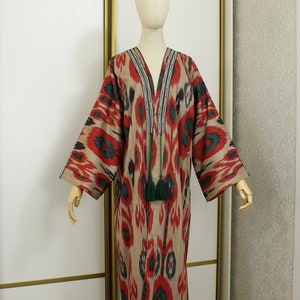Handgewebter Ikat-Chapan/Uzbekischer Kaftan/Rotes Kleid/Boho Kimono/Ethnisches Abaya/Tribal Ikat Robe/Ikat Jacke/Ikat Kleider/Handgewebter Stoff