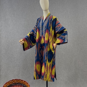 Usbekische Ikat Chapan / Handgefertigter Mantel / Kimono aus Baumwolle, / Stammes-Umhang / Boho-Kaftan / Abaya / Ikat-Kleid / Handgewebter Stoff