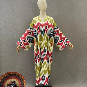Handgemachte Baumwolle Ikat Chapan Jacke Mantel / Usbekische Ikat Robe Kimono mit Lime Viskose Futter, Gürtel & Taschen / Boho Festival Ethnic Wear