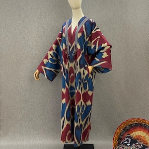Ethnischer Usbekischer Ikat Chapan / Boho Kimono Mantel / Handgemachte Baumwollrobe / Festival Kaftanjacke / Handwerker Geschenk aus Usbekistan