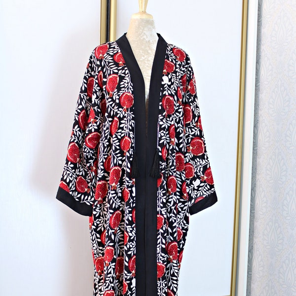 Black ethnic suzani kimono/Multicolor cotton cover abaya/Evening cardigan dress/Boho beach cover up/Woman tribal kaftan dress with pockets