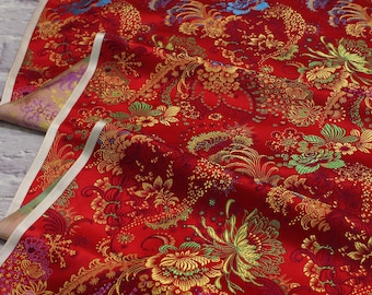 Vintage Silk Jacquard Fabric 1960s USSR /1.6 yard/ Multicolor Floral on Red Satin / Luxury Silk Brocade