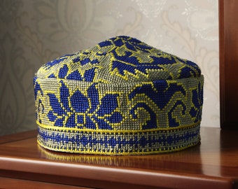 Uzbek hand embroidered skull-cap hat/Ethnic kufi hat/Handmade traditional cap/Muslim islamic skullcap/Unisex boho hand embroidery head wear