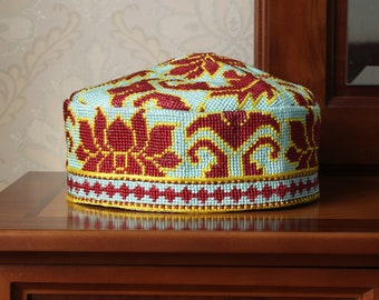 Uzbek hand embroidered skull-cap hat/Ethnic kufi hat/Handmade traditional cap/Muslim islamic skullcap/Unisex boho hand embroidery head wear