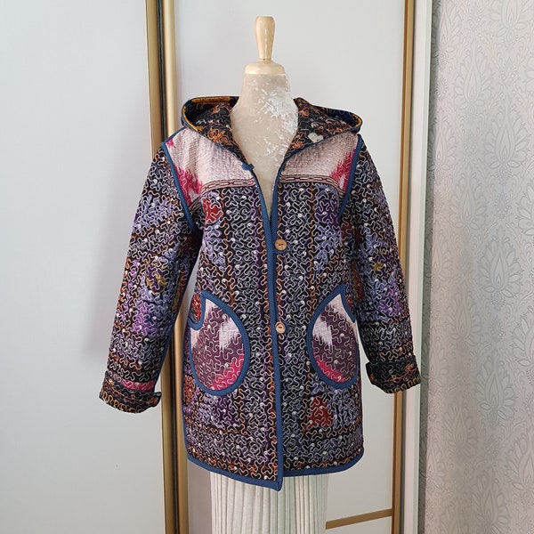 Reversible blue jacket with suzani embroidery,Uzbek cotton pink ethnic coat,boho embroidered tribal blue vest,designer bohemian kaftan