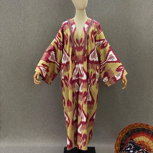 Ethnischer Usbekischer Ikat Chapan / Boho Kimono Mantel / Handgemachte Baumwollrobe / Festival Kaftanjacke / Handwerker Geschenk aus Usbekistan