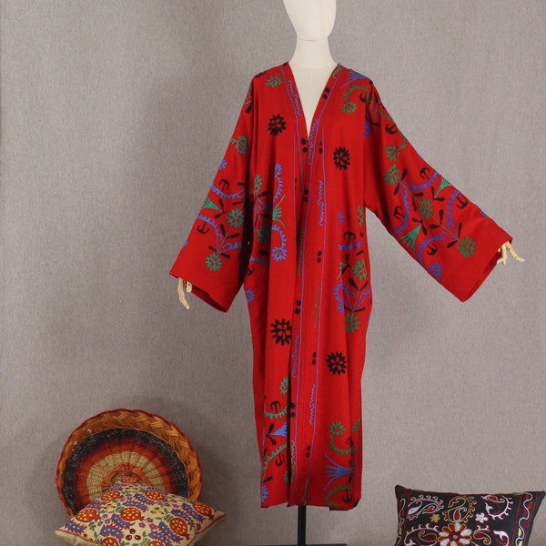 Hand embroidered coat/Uzbek red suzani chapan/Ethnic abaya/Boho dress cape,kimono/Unisex tribal coat/Bohemian robe/Central Asian clothing