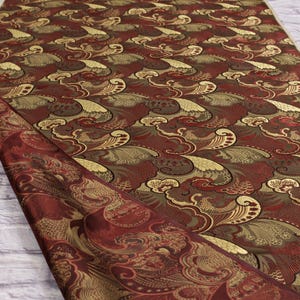 Vintage 1960s Silk Jacquard Fabric / 3.2 yard/ Soviet Brocade / Gold Copper Pattern on Brown Satin / Luxury USSR Textile