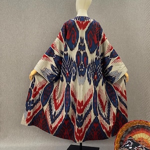 Ethnischer Usbekischer Ikat Chapan / Boho Kimono Mantel / Handgemachte Baumwollrobe / Festival Kaftanjacke / Handwerker Geschenk aus Usbekistan