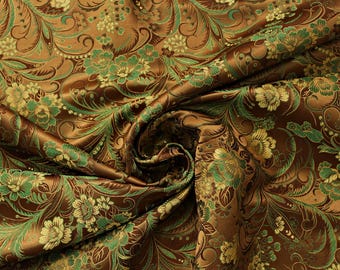 Tessuto jacquard di seta vintage anni '60 URSS / Floreale verde-oro su raso color caffè / Broccato 3D di lusso / 3 iarde