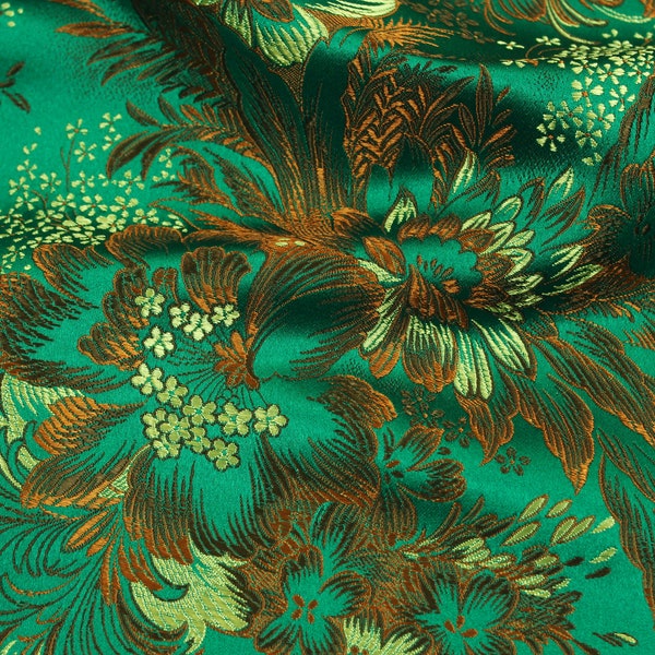 1960s/1.6 yard/Luxury vintage silk jacquard fabric/Gold copper flowers on green satin background/Floral brocade cloth/Soviet vintage fabric