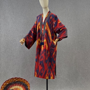 Uzbekischer ikat chapan/ Handgefertigter Mantel/ Kimono aus Baumwolle/ Stammes-Kleid-Umhang / Boho-Kaftan / Ikat-Abaya / Ikat-Jacke / Ikat-Kleider / Handgewebter Stoff