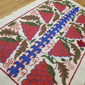 Suzani fabric table runner,hand embroidered dresser scarf,Uzbek suzani wall hanging,ethnic suzani tablecloth,suzani fabric table cover
