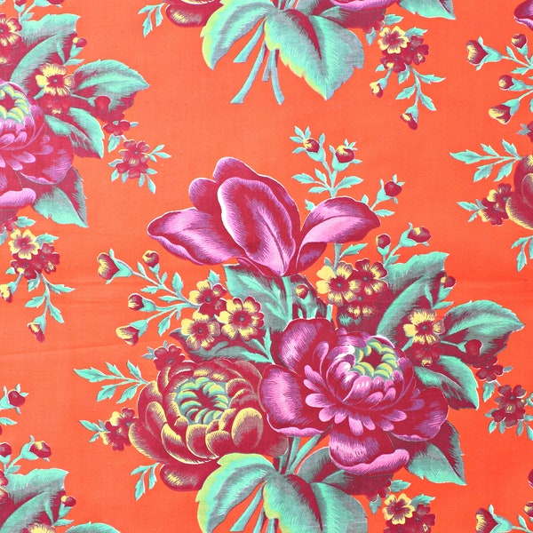 Années 1970 / 2,0 mètres tissu floral en coton vintage / сotton imprimé russe / fleurs vert pourpre sur fond orange / textiles vintage URSS