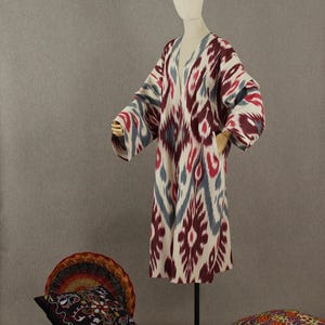 Handgewebte Unisex Jacke / Usbekische Baumwolle Ikat Chapan Jacke / Boho Rot & Blau Tribal Robe / Ethnischer Kaftan Kimono