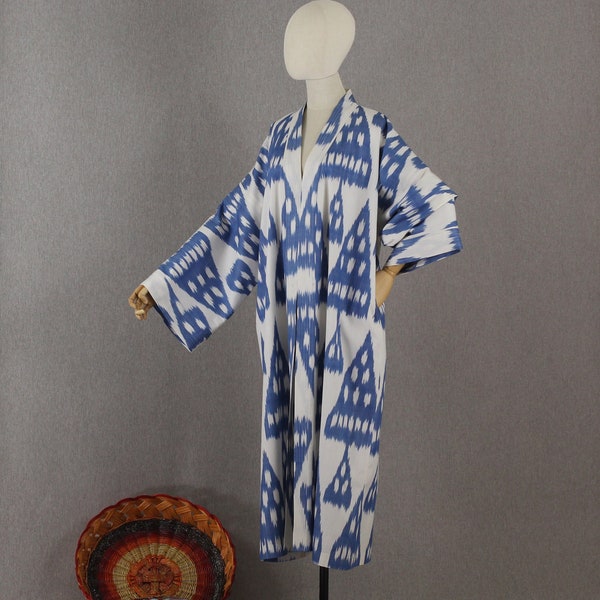 Cotton ikat chapan/Uzbek handmade jacket/Blue cardigan dress/Unisex boho kimono/Ethnic cover abaya/Tribal ikat robe/Long beach cover up