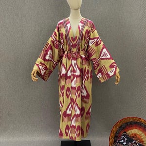 Ethnischer Usbekischer Ikat Chapan / Boho Kimono Mantel / Handgemachte Baumwollrobe / Festival Kaftanjacke / Handwerker Geschenk aus Usbekistan