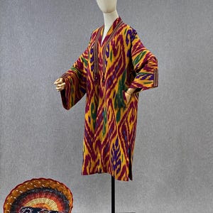 Orange ikat chapan,usbekischer handgemachter Mantel,Baumwollkleid,Boho Kaftan,ethnisches Ikat Abaya,Stammes Ikat Robe,Ikat Jacke,Ikat Kleider,handgewebter Stoff