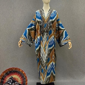 Handgemachter Usbekischer Ikat Chapan / Boho Kimono Mantel / Ethnische Baumwoll Robe / Festival Kaftan Jacke / Handwerker Geschenk aus Usbekistan