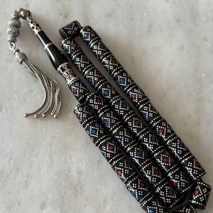 Collectible Oltu Stone Prayer Beads with Intense Sterling Silver Inlay Custom Handmade Erzurum Black Amber Tasbih, Turquoise & Coral Accents