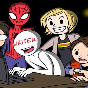 Op de afbeelding: Cartoon illustratie met personages uit verschillende franchises, waaronder Spider-Man, Harry Potter en een figuur met het label "WRITER" die op een laptop werkt. Andere personages zijn een vrouw met een toverstaf en een personage uit Back to the Future.