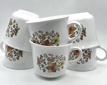 Indian Summer Corelle Vintage Coffee Mugs Set of 6 | Corning Floral Cups 8oz | 1970s Retro Kitchenware