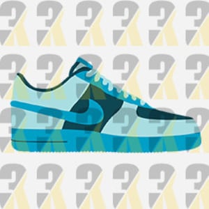 May include: A stylized illustration of a blue and teal sneaker with a Nike swoosh. The shoe features a geometric pattern in shades of blue, teal, and green. The background is a repeating pattern of gray and yellow question marks.