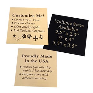 Custom Engraved 2.5", 3", 3.5" Square Solid Brass Plaque: Pet Memorial, Art Label, Military Memorial, Name Plate