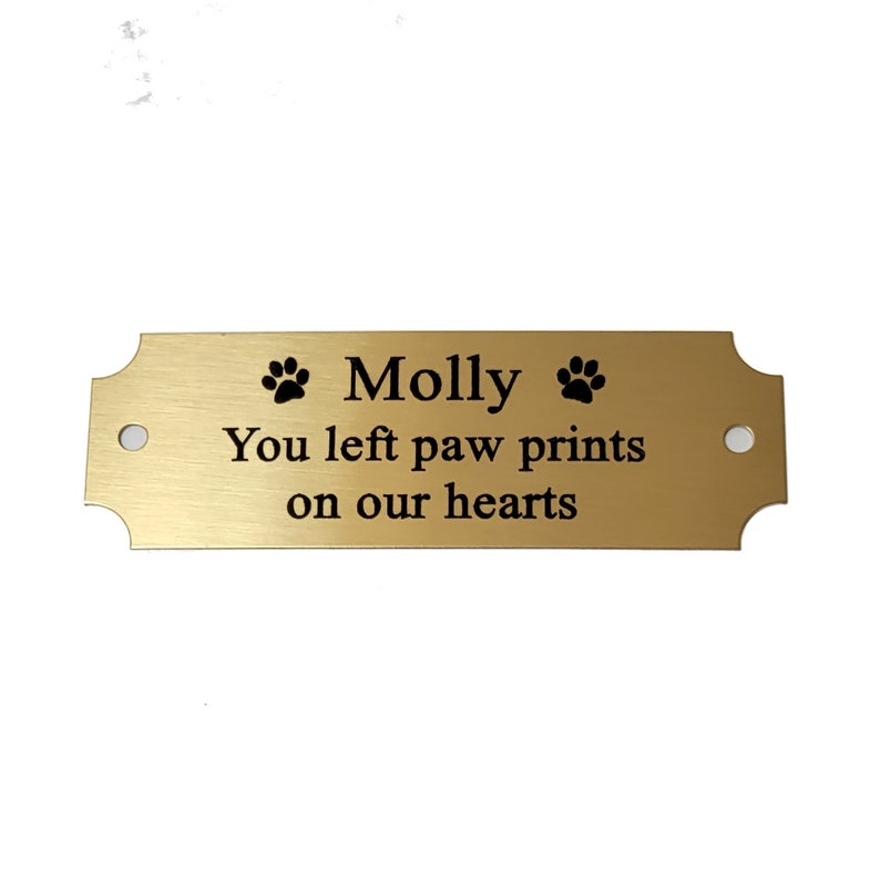 Może przedstawiać: Złota metalowa tabliczka pamiątkowa dla zwierząt domowych z imieniem "Molly" i tekstem "You left paw prints on our hearts".