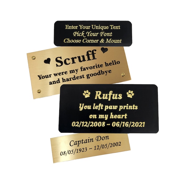Custom Engraved 3x1 or 4x2 Solid Brass Plaque: Pet Memorial, Art Label, Military Memorial, Name Plate