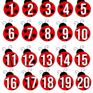 May include: A set of 25 ladybug-shaped exit tickets with numbers 1 through 25 printed in white on a red background. The text "EXIT TICKETS" is printed in red at the top of the page.