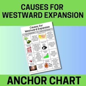May include: A colorful chart titled "Causes for Westward Expansion" with a grid of nine squares. Each square contains a cause of westward expansion in the United States, such as "Manifest Destiny", "Gold is Discovered", and "Economic Depression".
