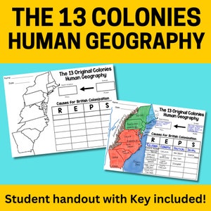 13 Colonies, New England, Middle, Southern, Geography, United States, Social Studies, Student Handouts, Worksheet, activity, U.S. History,