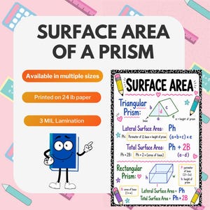May include: An educational poster titled Surface Area of a Prism featuring formulas for triangular and rectangular prisms. It includes illustrations of pencils, hearts, and stars, alongside a blue cartoon book character on a light pink background.