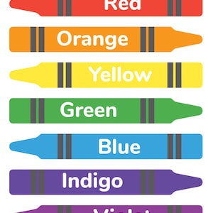Pode incluir: Um gráfico que mostra as cores do arco-íris, com cada cor representada por um giz de cera. As cores são vermelho, laranja, amarelo, verde, azul, índigo e violeta.