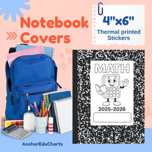 May include: A blue backpack filled with notebooks and school supplies. A composition notebook with a black and white cover and the word "MATH" is visible. The image also includes a 4"x6" sticker that says "Thermal printed Stickers".