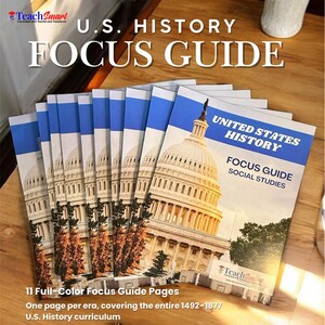 May include: A stack of U.S. History Focus Guides with a blue and white cover design featuring the U.S. Capitol building. The guides are for social studies and include 11 full-color pages covering the years 1492-1877. The text "U.S. History Focus Guide" is prominently displayed.